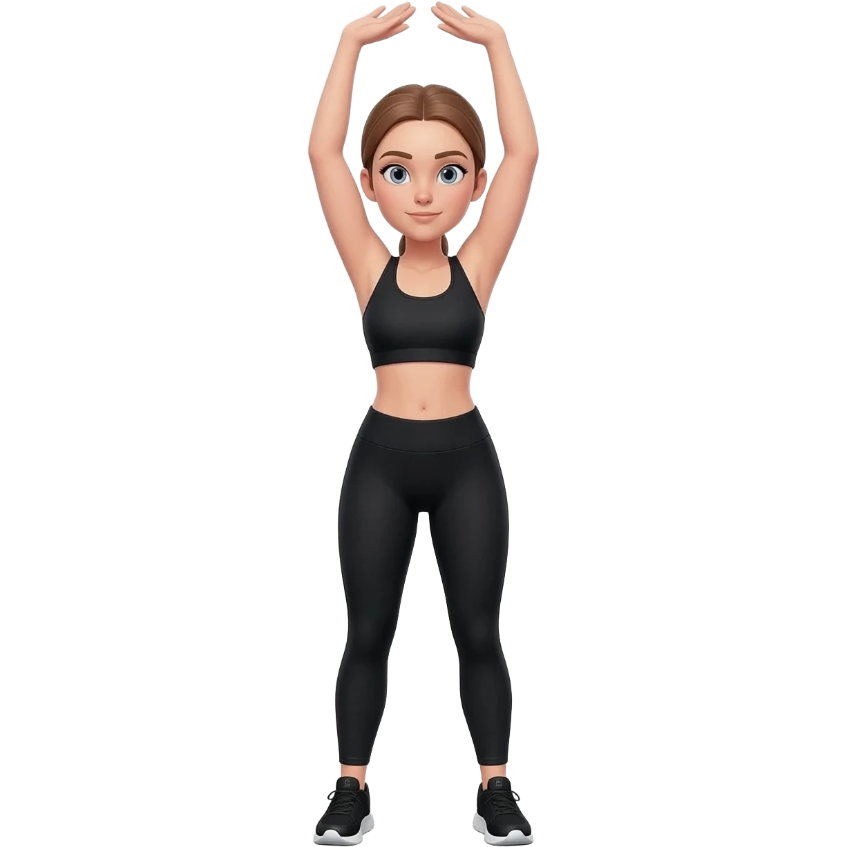 standing stretch with arms overhead, fair-skinned woman, light gray-blue eyes, ash brown brows, ash light brown hair tied back, slim athletic body, black workout set, black sneakers with white soles emoji