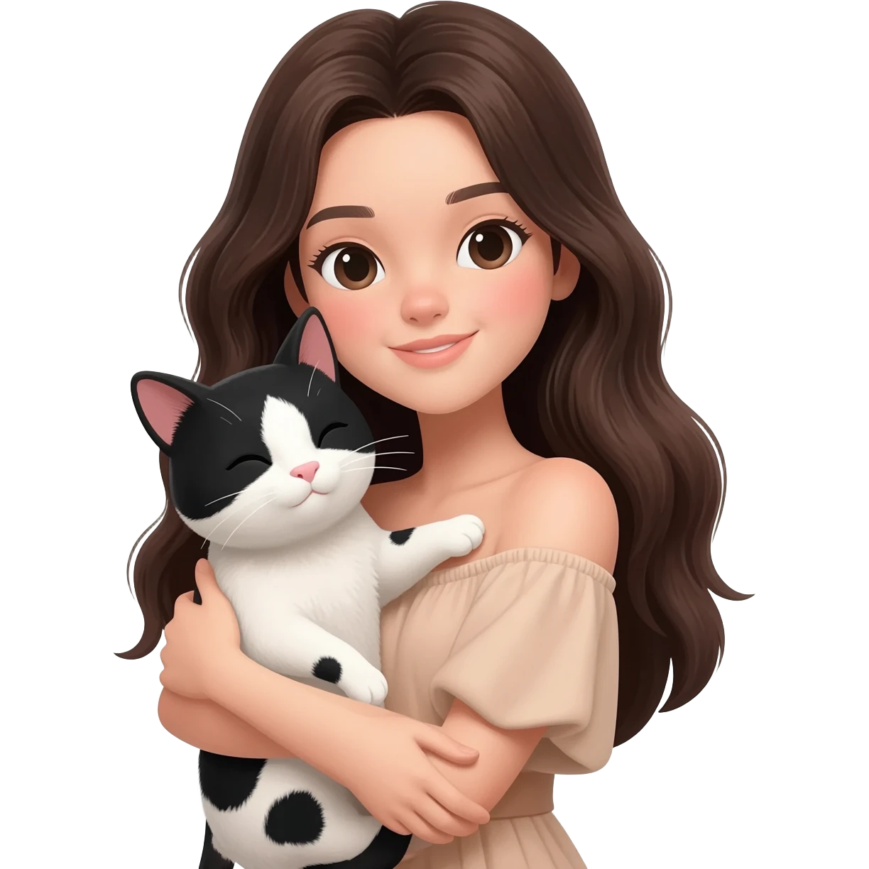 A young woman with long dark brown hair, wearing a nude off-shoulder top, hugging a black and white cow-patterned cat, 3D emoji style, white background,Turn to face forward. emoji