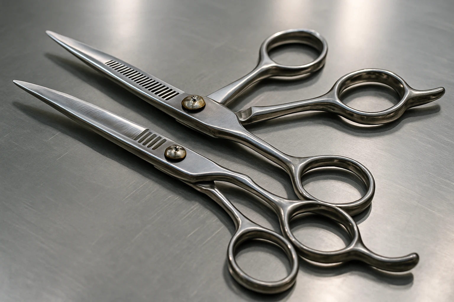 A set of professional barber scissors lies on a stainless steel workbench, gleaming under the bright lights. The blades are sharp and precise, with smooth handles showing signs of frequent use, ready for the next cut emoji