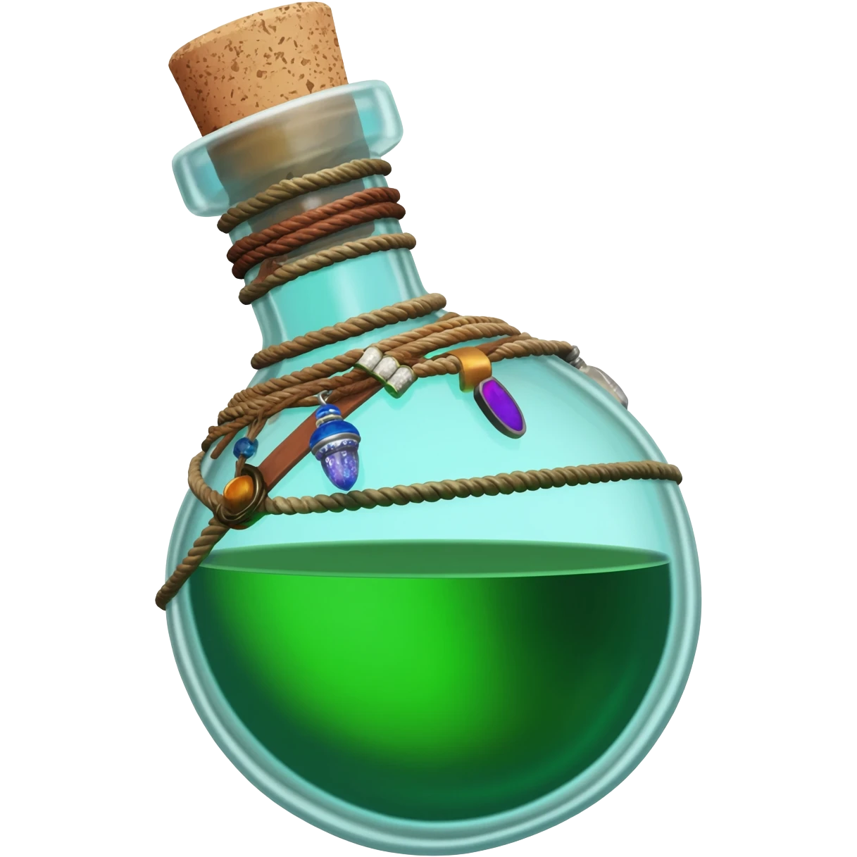 an empty round potion bottle a little rotated to the left with a cork and decorations on the bottle like ropes and belts and random stuff emoji
