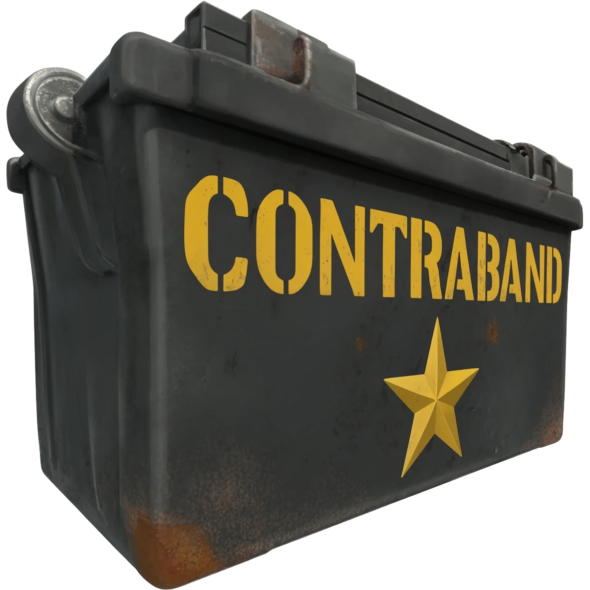 black military ammo box view from 35 degres with a  big yellow text on it "CONTRABAND"  add alot of details like a military star, scracths etc emoji