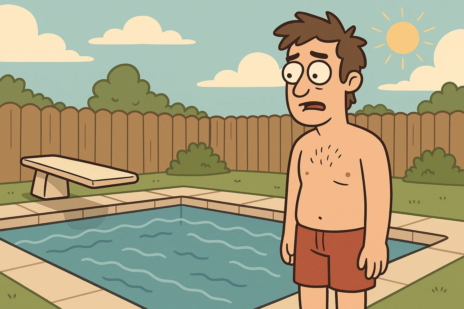backyard pool with a diving board on a sunny day, cartoon style emoji
