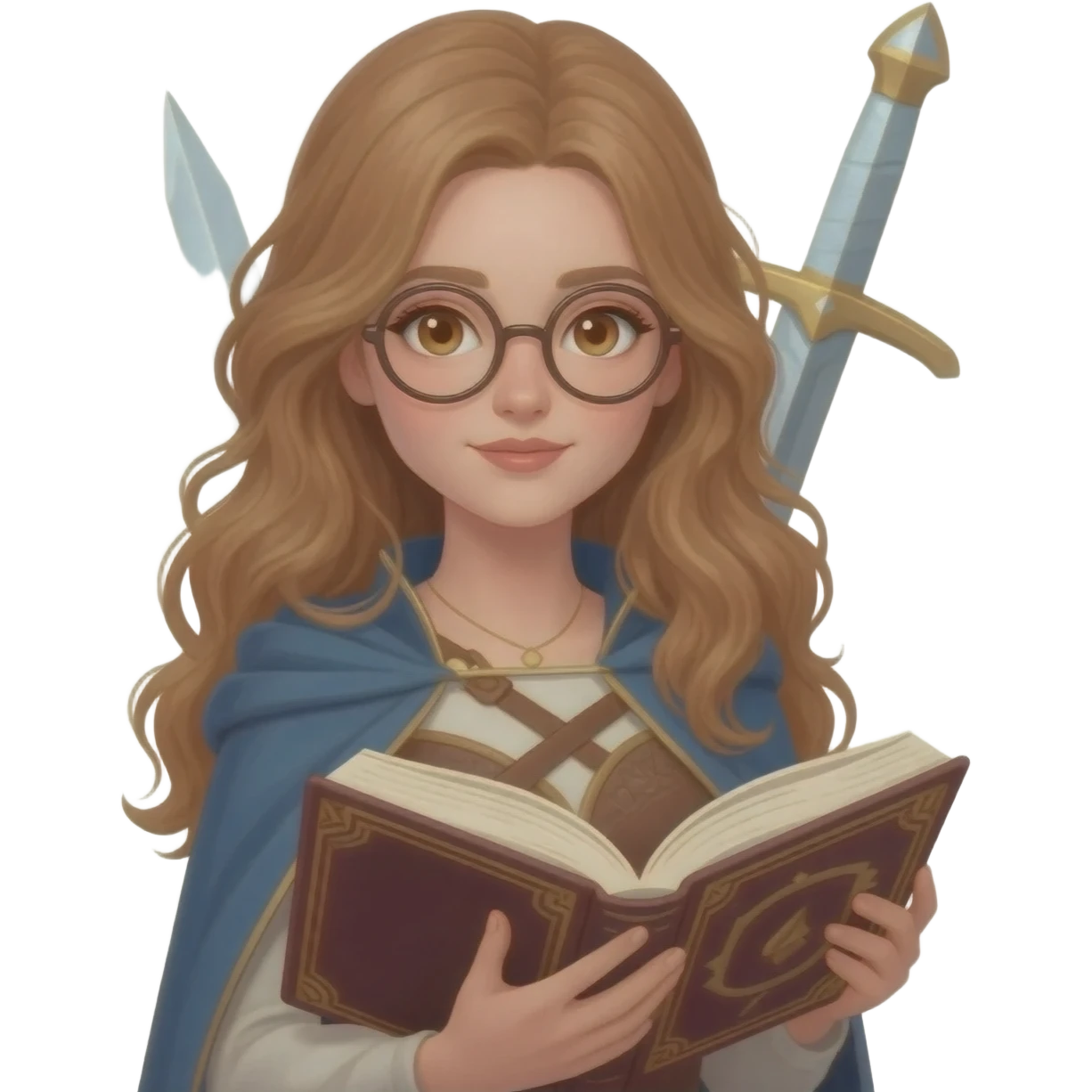 emoji style illustration of a woman with long light brown wavy hair, light brown eyes and round glasses holding an open book, with a sword on her back, fantasy heroine reader aesthetic emoji