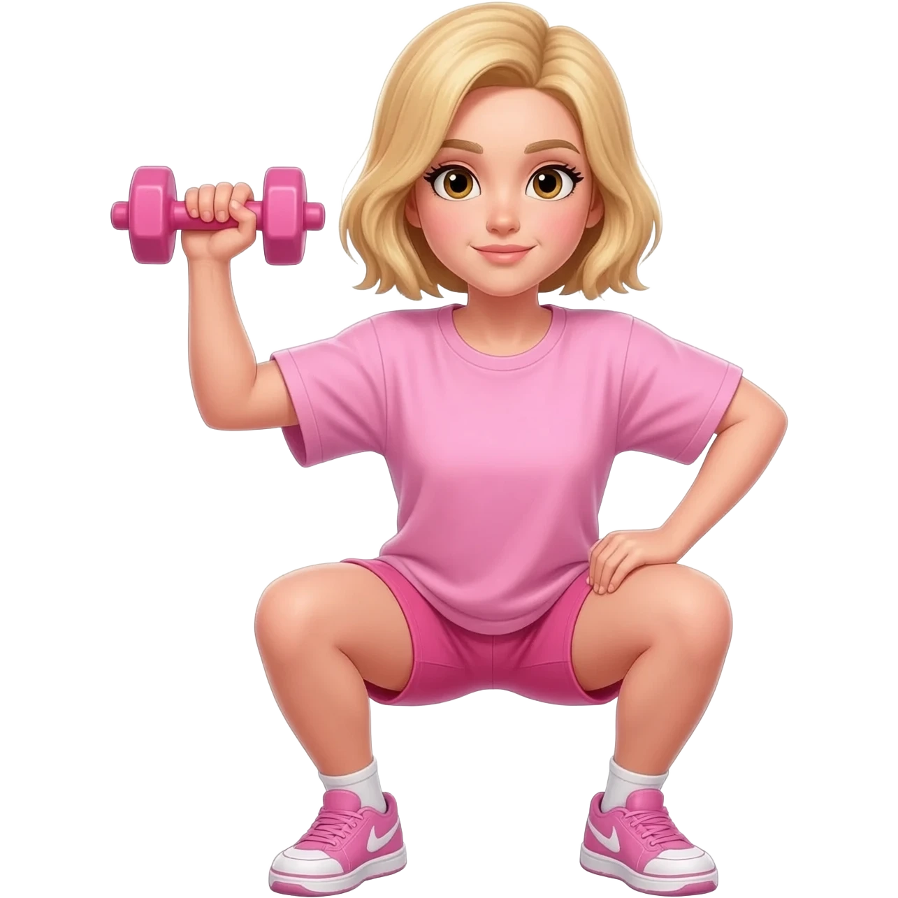 A girl wearing a pink workout set which is big tshirt pink, and pink shorts on a dumbbell  squat that is pink the girl is blond emoji