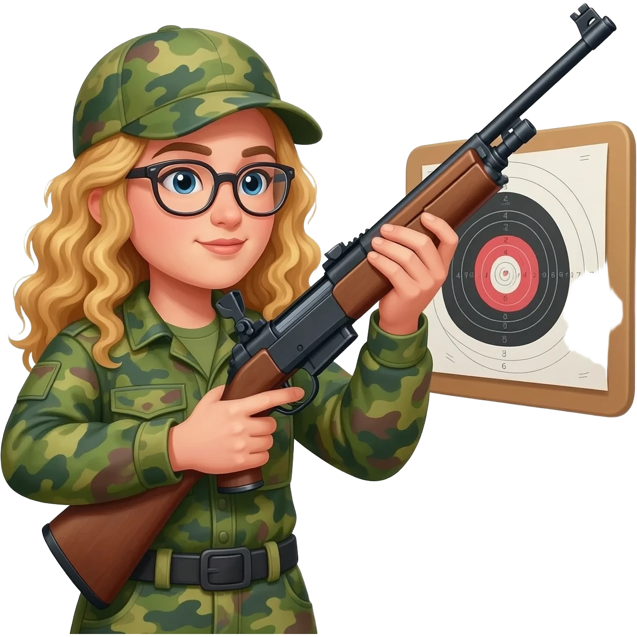 Target practice Green hunting woman with glasses and long blonde curly hair carrying a rifle emoji