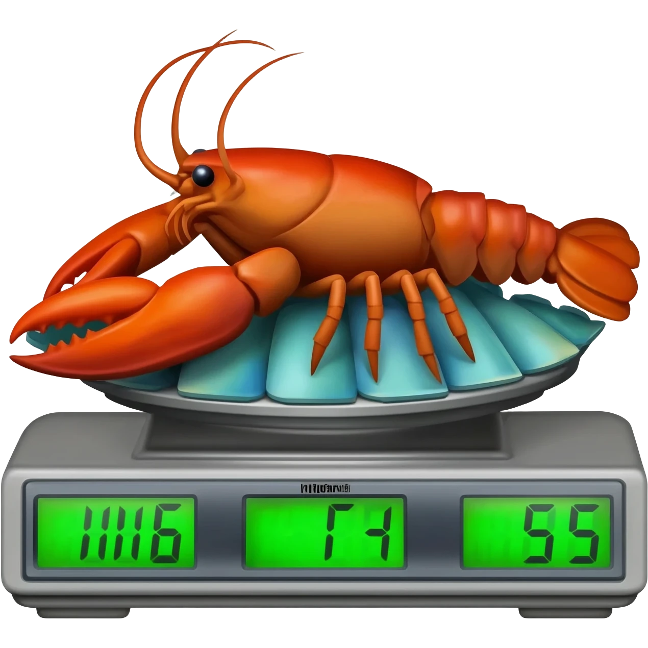 langosta sobre una balanza digital marcando el peso y el costo de la langosta emoji