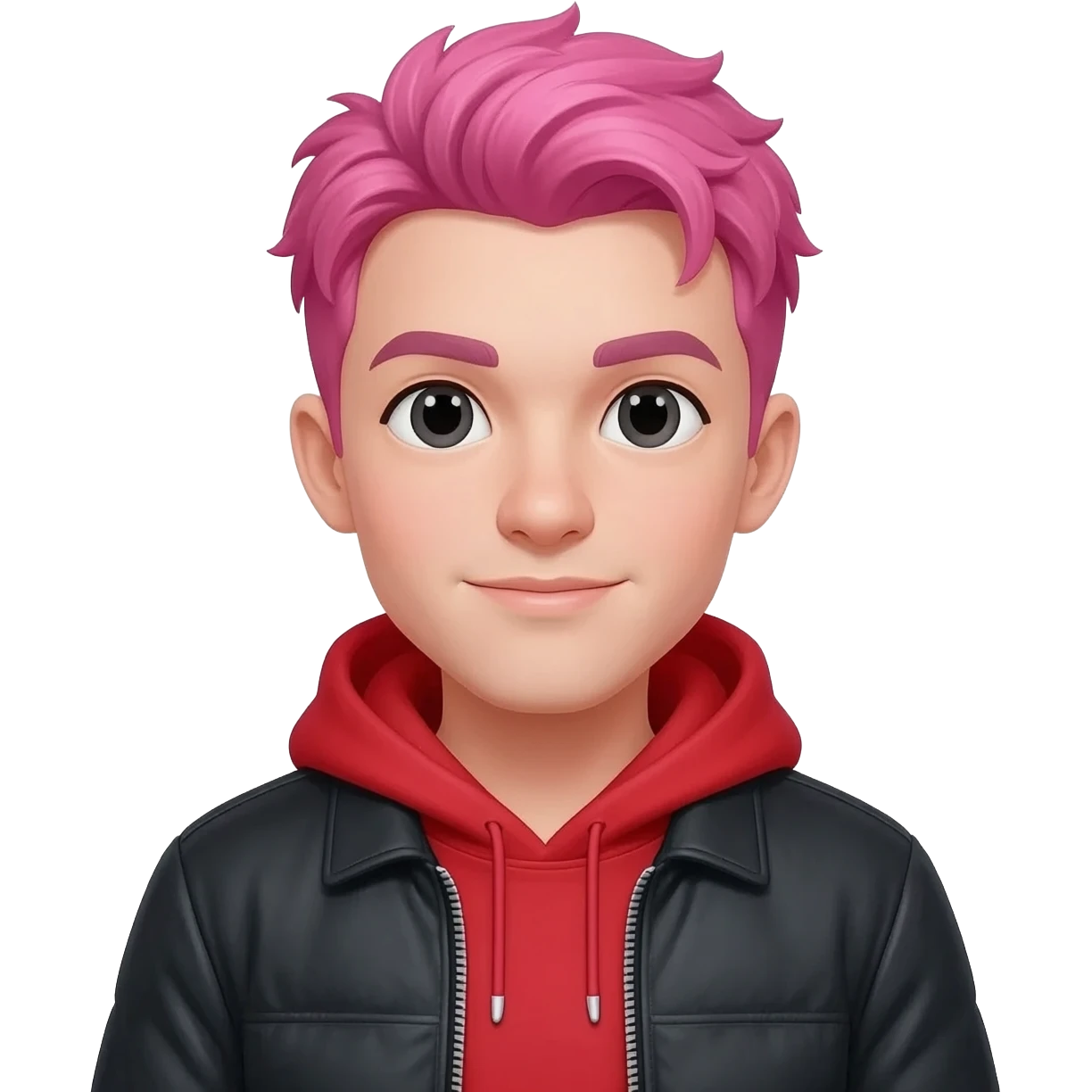 A guy is pink hair that wears a red hoodie under a black jacket emoji