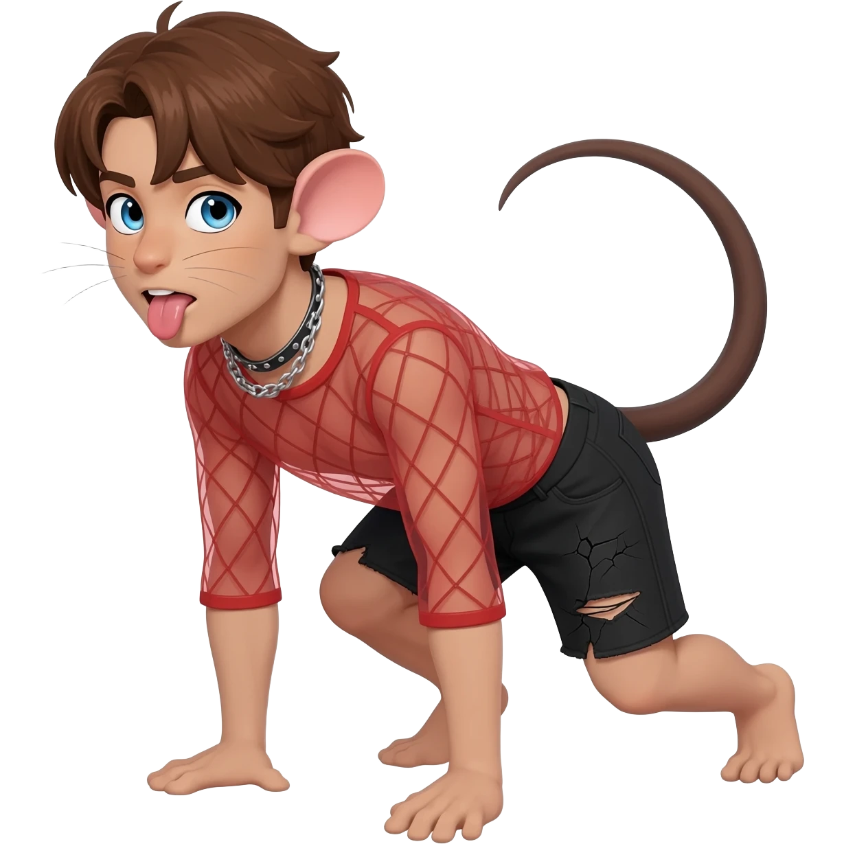 slim man with brown curry hairs and blue eyes with rat ears and rat tail in red transparent net top and black torn shorts is standing on the fours with his tongue out and wearing a leashed collar emoji