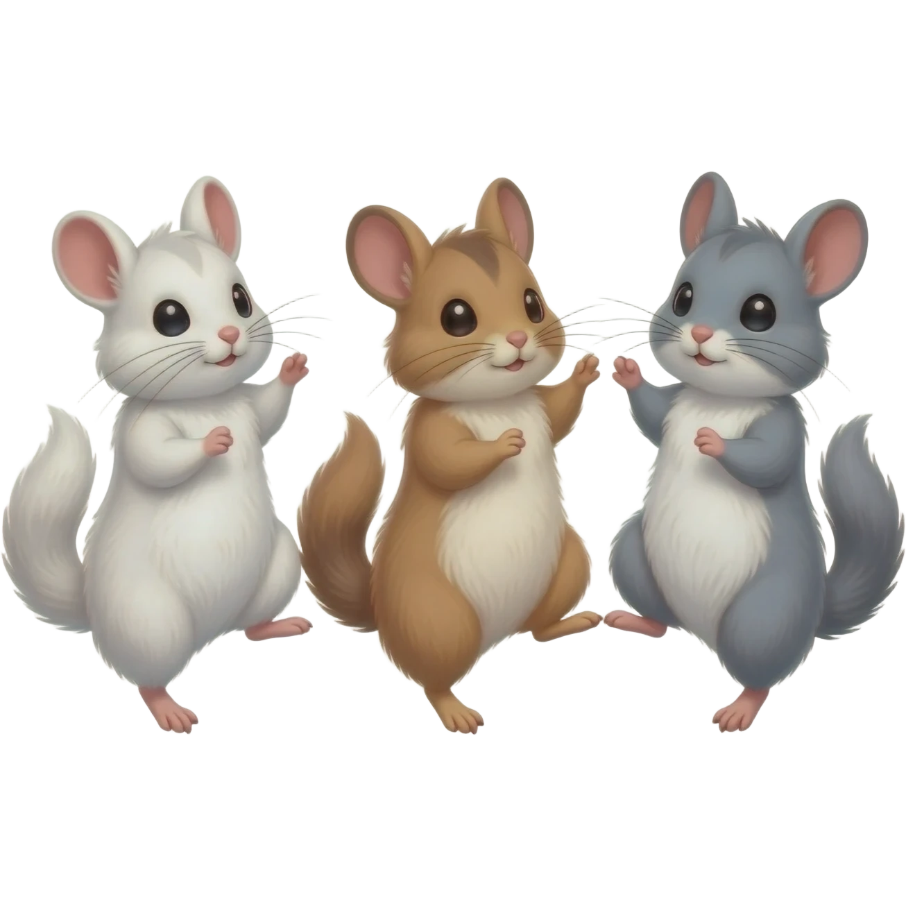 chinchilla3 fluffy chinchillas dancing on two legs, beautiful, fluffy chinchillas, white, brown, and gray chinchillas emoji