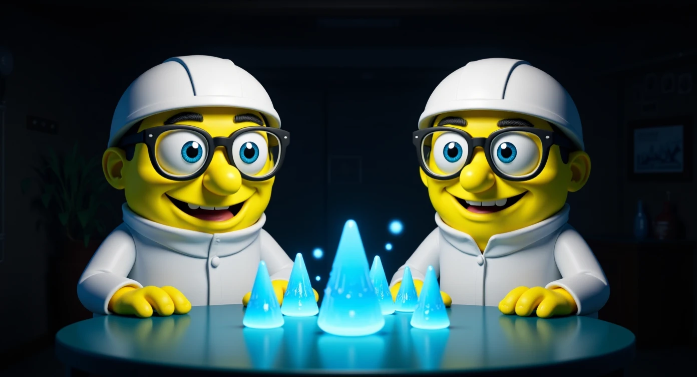 3D cienmatic cartoon shot, spongebob and patric dress in safety glasses and safe white outfit, the are standing front of table with blue crystals on table glowing (light source) science room in basement, back light, Cinema 4d render, proffesional lightning emoji