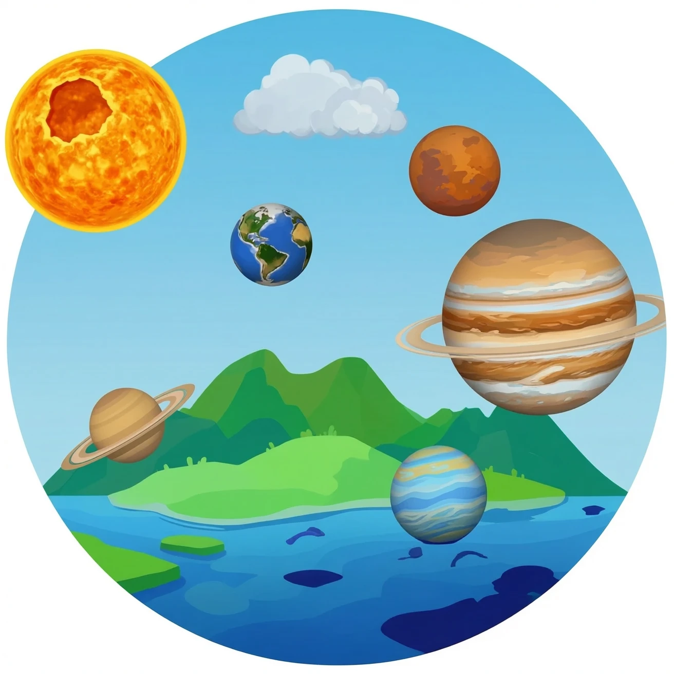 The solar system with the sun hot cratered mercury hot cloud covered Venus earth red dusty mars large gassy Jupiter ringed Saturn tilted blue planet with rings Uranus and blue stormy neptune emoji