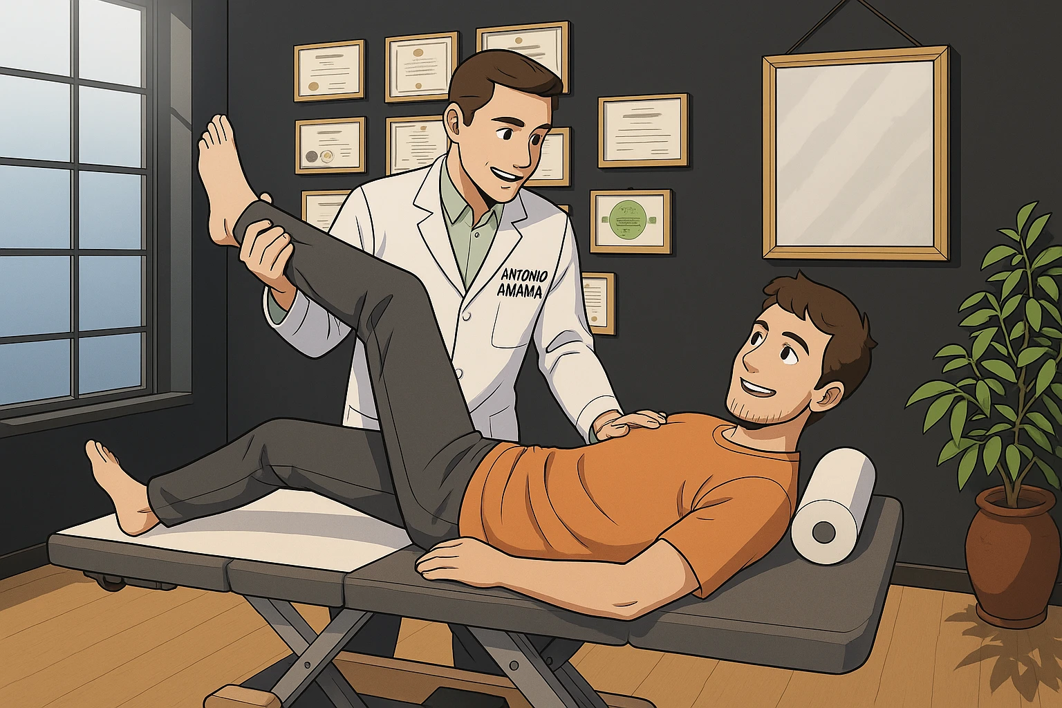 su questo lettino rappresenta un webtoon manga a colori con questo stile, in cui un uomo è steso sul lettino medico e il kinesiologo con il camice bianco (fagli anche la scritta "ANTONIO ANANIA" SUL CAMICE, gli solleva una gamba per fargli il test neuromuscolare, IL KINESIOLOGO SPIEGA ALL'UOMO UNA cosa mentre gli alza la gamba. l'espressione dell'uomo è felice e soddisfatta, non fare i fumetti però, fai solo in modo che sembri stiano parlando emoji