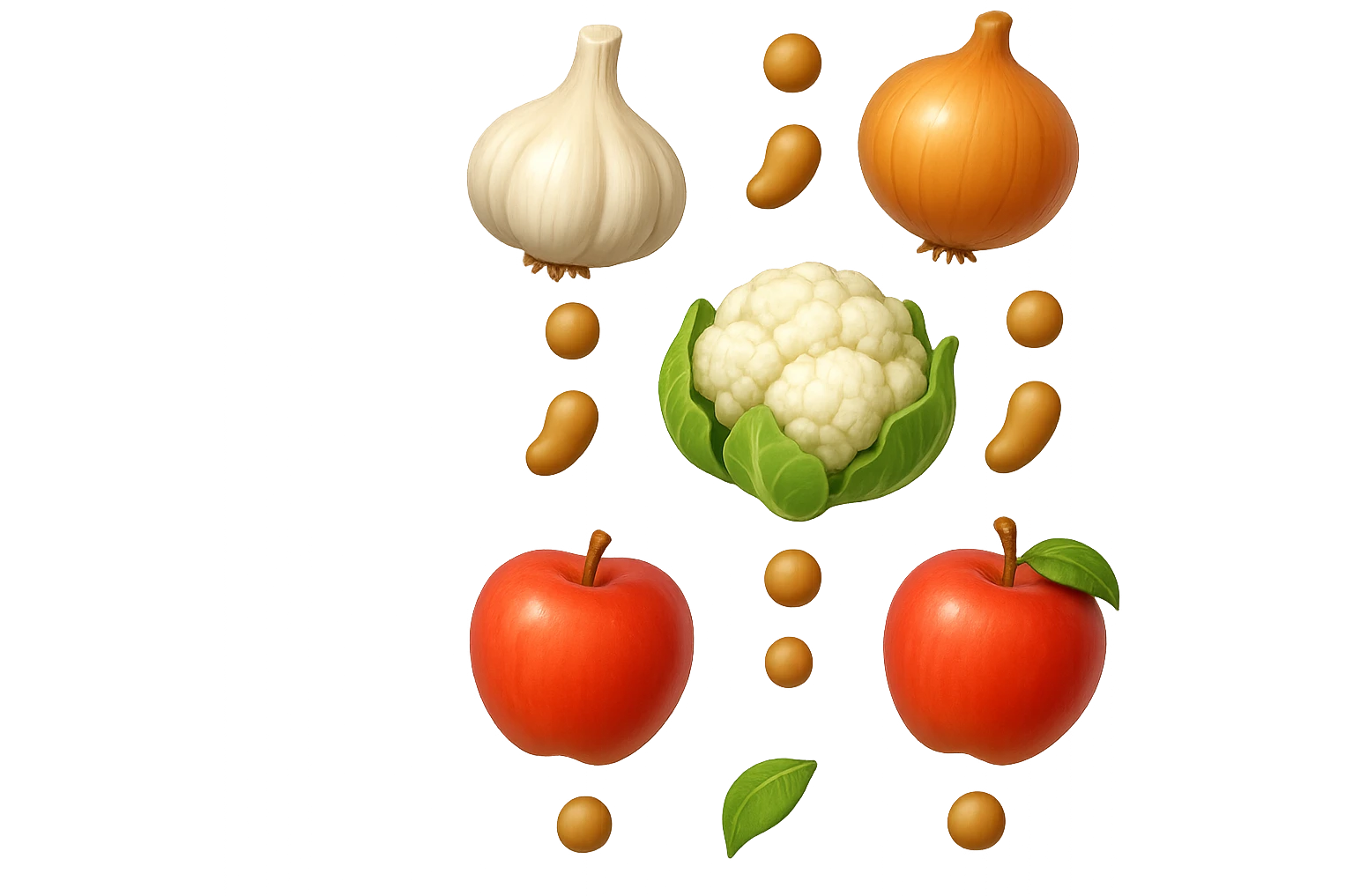 EMOJI STILE IPHONE DI aglio, cipolle, cavolfiore e mele che cadono verticalmente dall'alto con pezzi di colon avvolti intorno, IPERREALISTICO 4K emoji