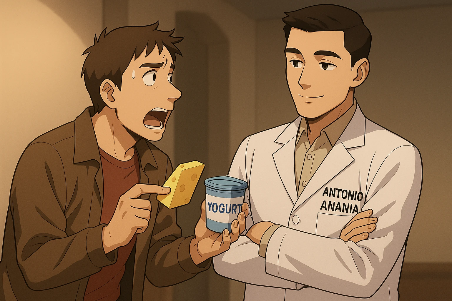 fai un webtoon manga a colori con questo stile, in cui un uomo fa una domanda al kinesiologo con il camice bianco (fagli anche la scritta "ANTONIO ANANIA" SUL CAMICE, l'uomo chiede una cosa mostrando un formaggio e uno yogurt al kinesiologo con il camice, IL KINESIOLOGO annuisce e SPIEGA ALL'UOMO UNA cos. L'UOMO ha un ESPRESSIONE CONFUSA IN VOLTO. non fare i fumetti però, fai solo in modo che sembri stiano parlando emoji