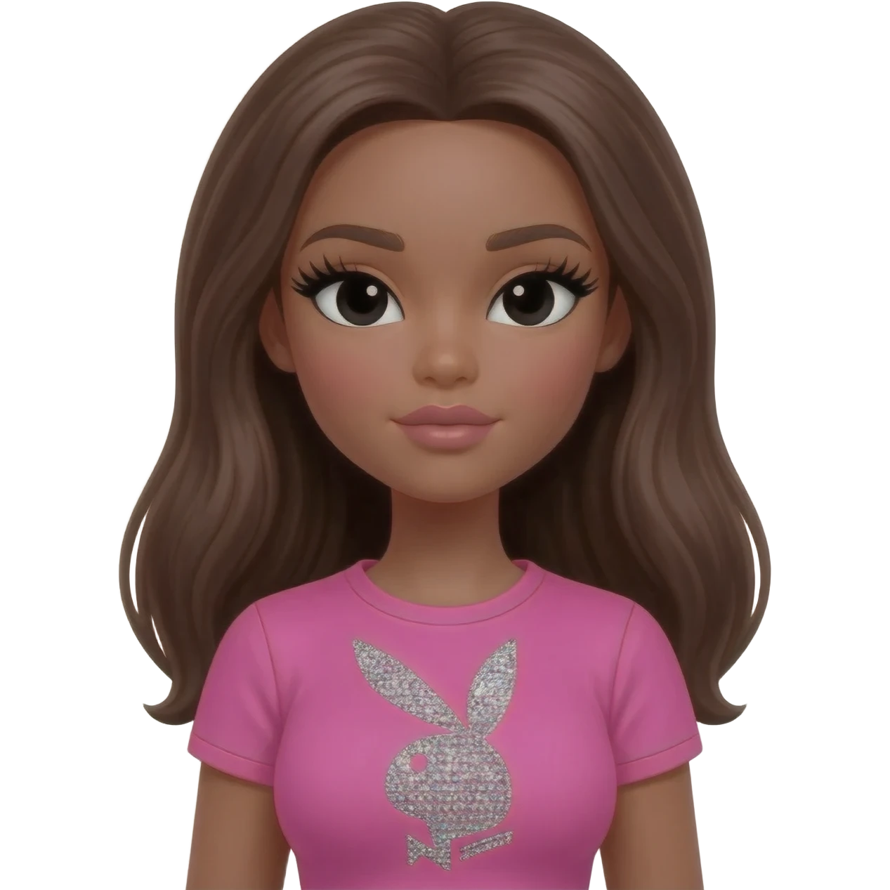 doll body , dark brown eyebrows, dark skin girl,Long giant lashes, bimbo, black doll eyes, barbie, dark brown skin, with brown hair, big breast, pink 2000s t shirt says on the sparkling playboy logo emoji