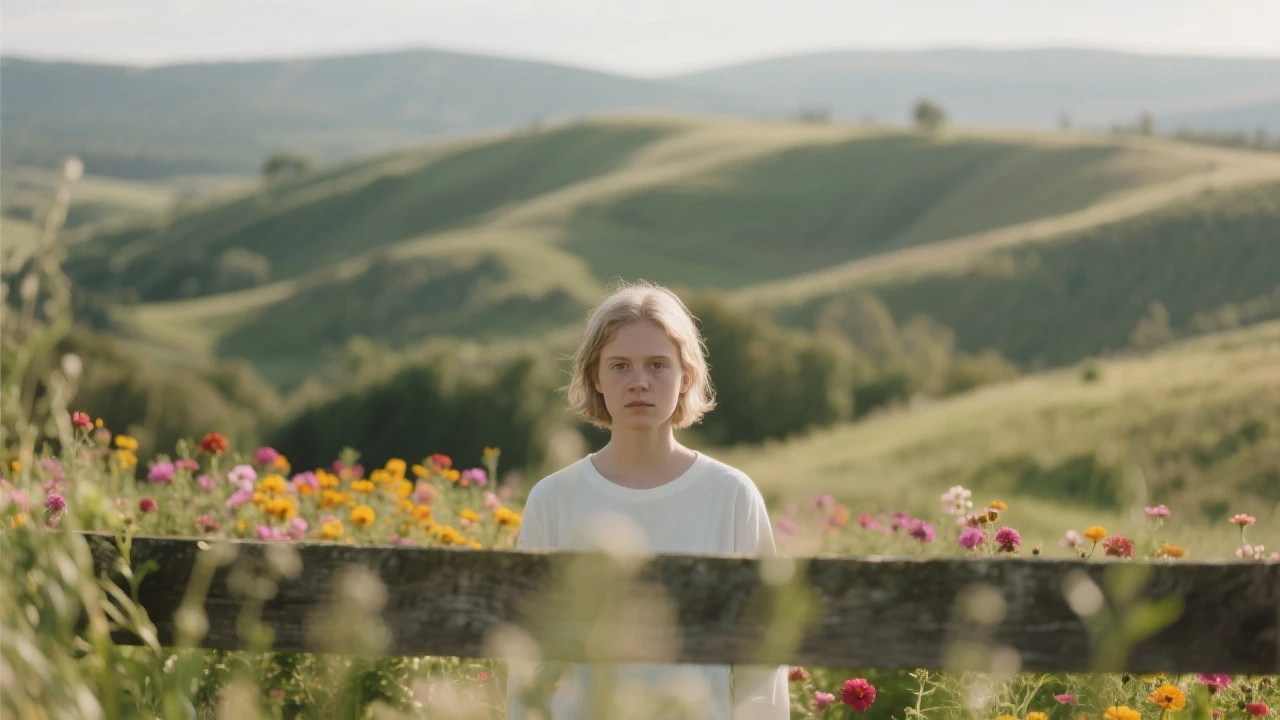 A portrait of a white person in the foreground, blurred plants in the foreground, a wooden fence and colorfull flowers in the midground, rolling hills in the background, cinematic depth of field, layered composition, natural lighting emoji