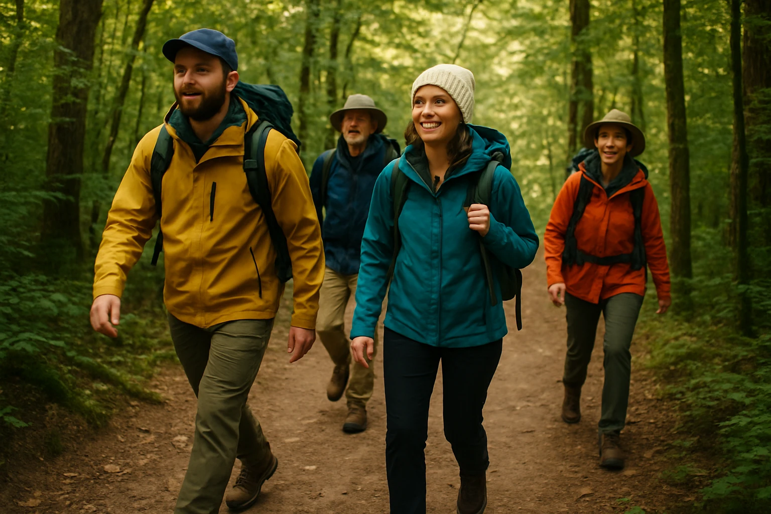 a group of gentlemen and ladies hiking, all in outdoor clothing, on a forest trail emoji