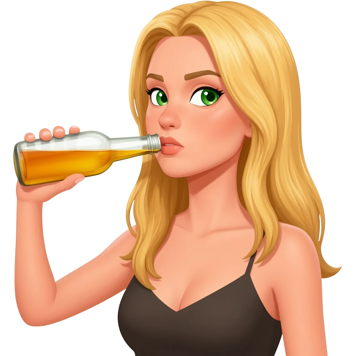 She looked like a top model, with long blonde hair and green eyes. She is being drunk by holding a bottle and rude emoji