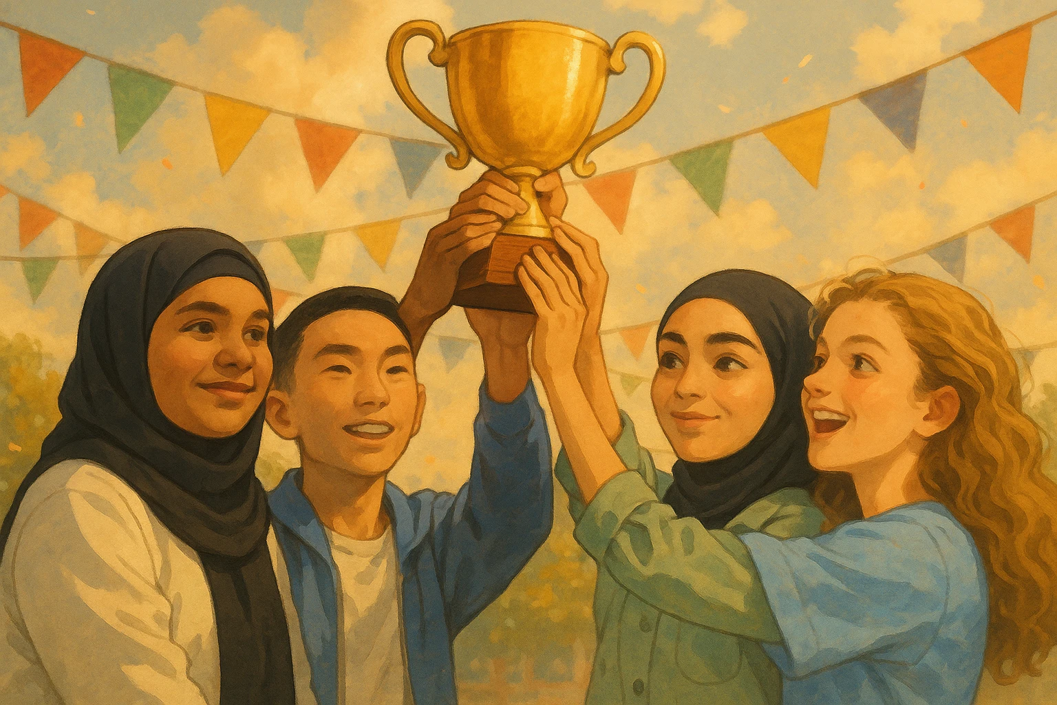 Illustration of four students lifting a trophy together, warm atmosphere, Ghibli style with soft colors, warm lighting, festive background. emoji
