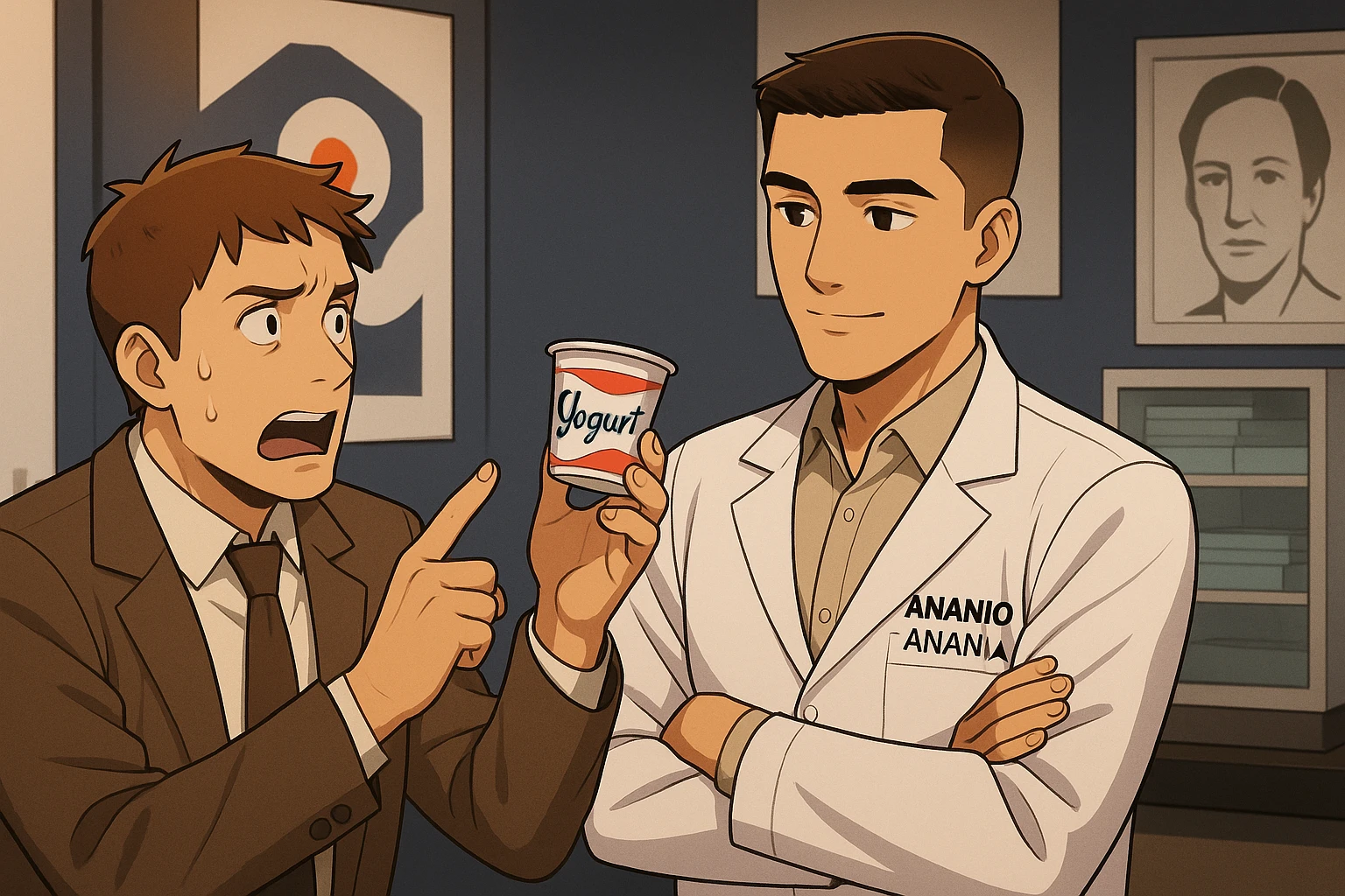 fai un webtoon manga a colori con questo stile, in cui un uomo chiede al kinesiologo con il camice bianco (fagli anche la scritta "ANTONIO ANANIA" SUL CAMICE, una domanda e il kinesiologo gli risponde, L'UOMO INDICA LO YOGURT CHE HA IN MANO ED è MOLTO ALLARMATO NEL FARE LA DOMANDA. non fare i fumetti però, fai solo in modo che sembri stiano parlando emoji