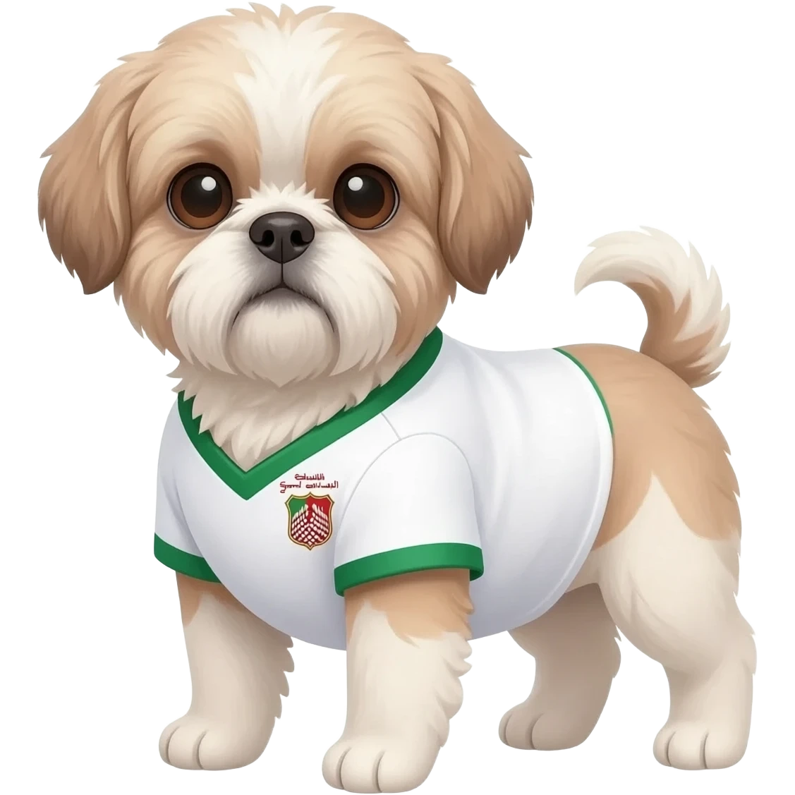 white and light brown shih zhu wearing a South Arabia soccer jersey v neck 2026 work cup emoji