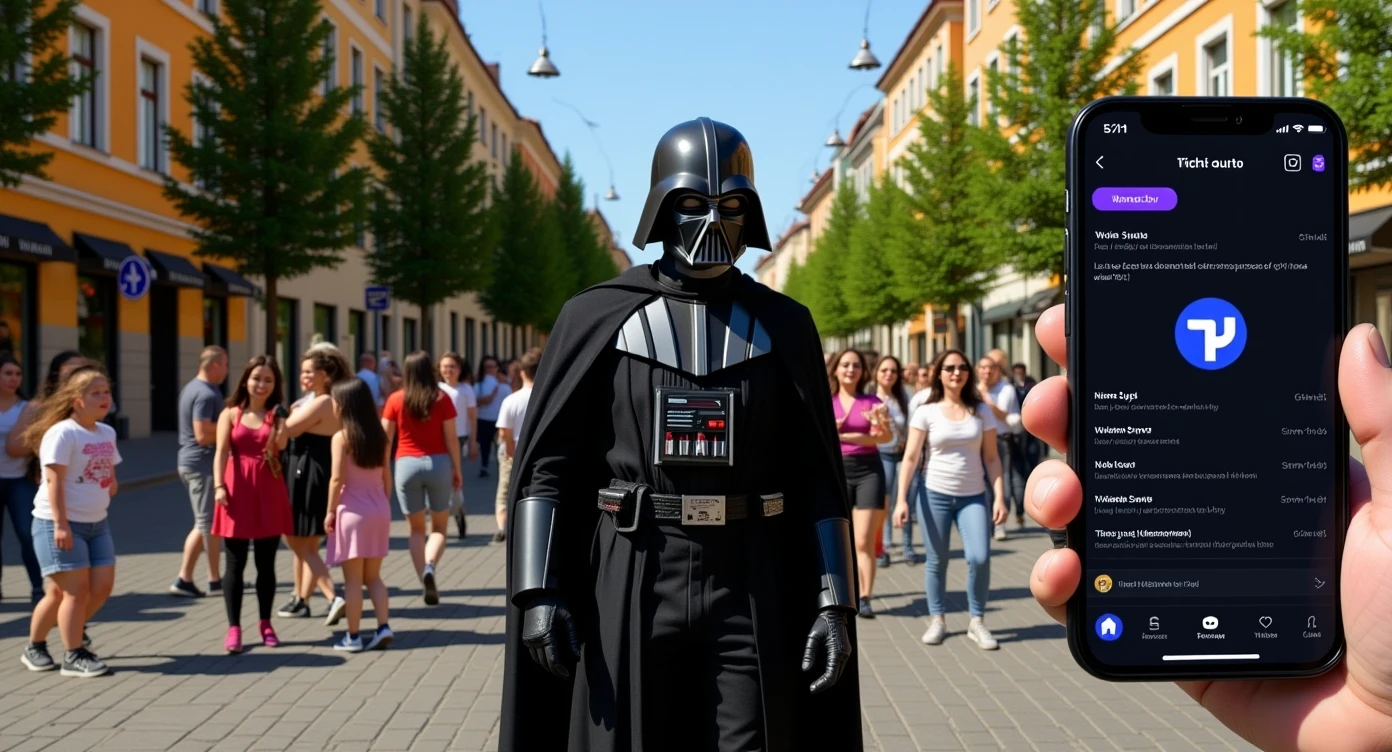 Cinematic still of a darth vader walk through poznan city down town, sunny day, crowd of baby yoadas around him, he is live streaming on twitch, we can see twitch chat ui, selfie camera holding in hand front camera emoji