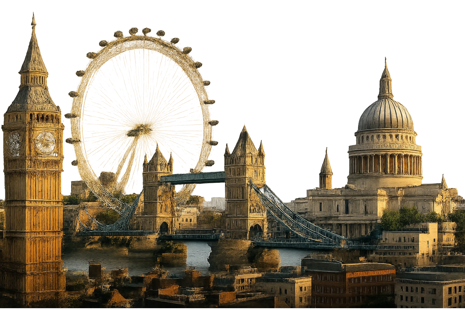 cinematic realistic emoji of London skyline featuring iconic landmarks Big Ben, London Eye, Tower Bridge, St. Paul's Cathedral, lifelike detail, accurate colors, bright lighting, wide city view, no sky, fully transparent background emoji