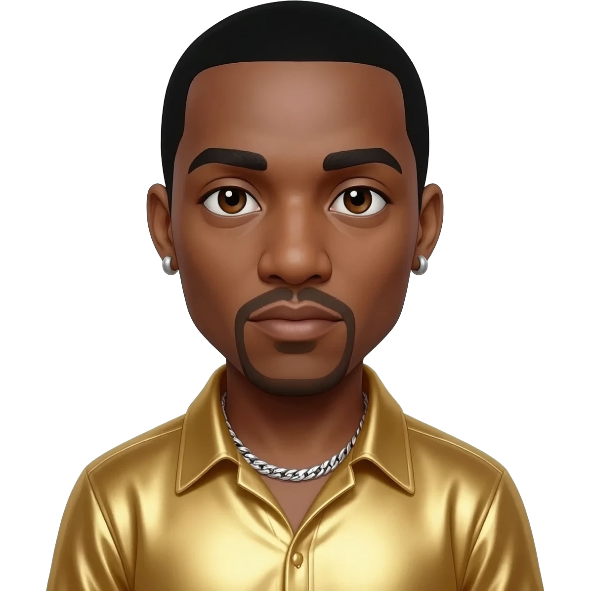 MC Hammer with dark brown eyes, black hair, gold metallic shirt, silver necklace and short earrings emoji