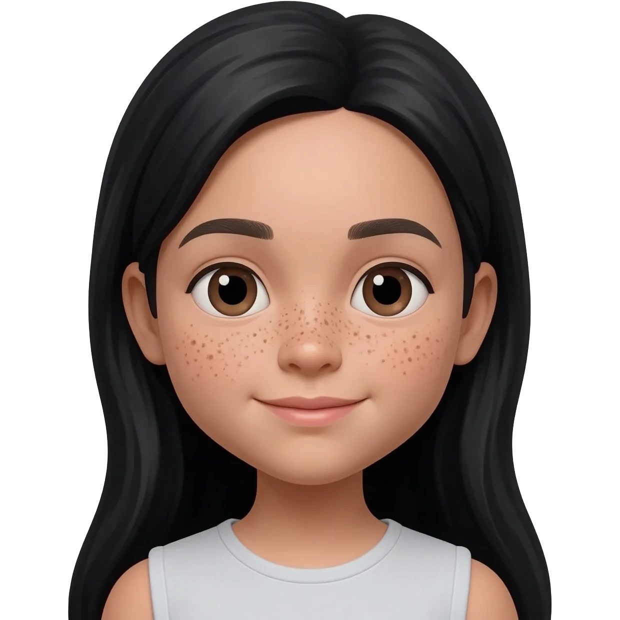 una niña con pelo largo y negro i con pecas, de raza blanca, y guapa emoji