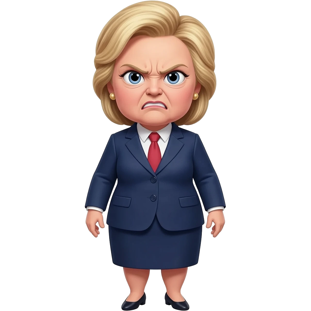 An old fat Hillary Clinton full body in a dress suit with blonde hair and an angry face, full body in a realistic style, full body emoji