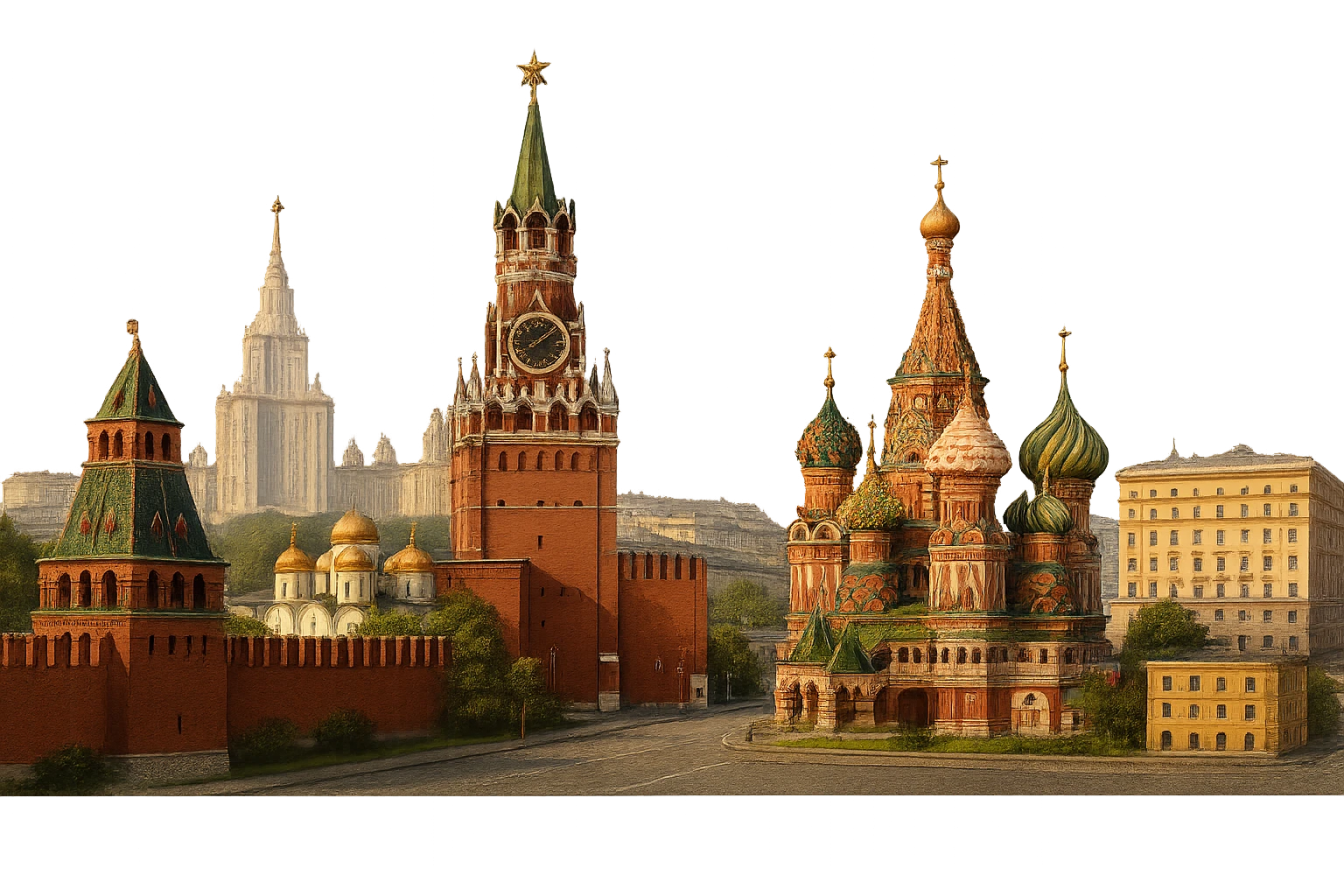 cinematic realistic emoji of Moscow city wide view featuring Kremlin, St. Basil's Cathedral, Moscow State University, FSB Headquarters Building (Lubyanka), lifelike detail, accurate colors, bright daytime lighting, no sky, no clouds, fully transparent background emoji