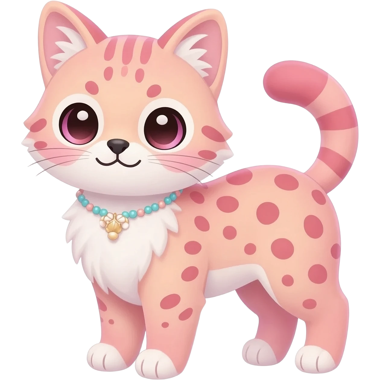Whitish colorful pastel-rosy-pink cute elegant furry kawaii Serval, full body, with a cute pretty necklace  emoji
