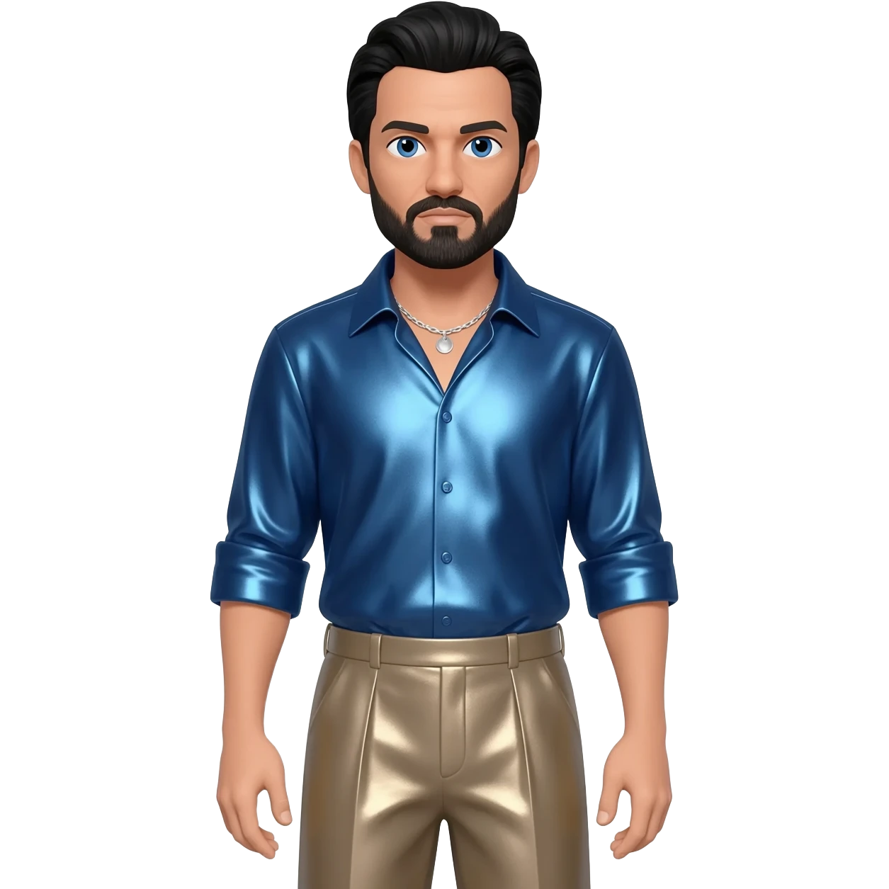 Oliver Reed with blue eyes, black hair and short beard, steel blue metallic shirt, taupe metallic baggy pants, silver necklace emoji