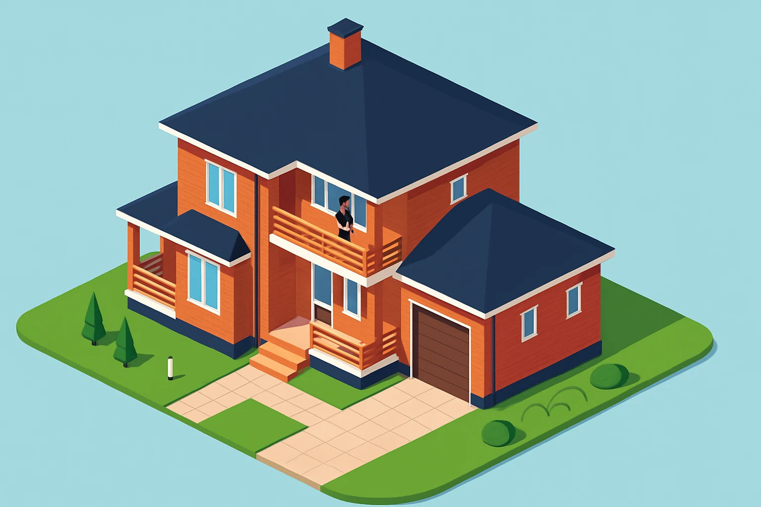 isometric illustration of the building. 3D isometric infographic design. Clean lines, bright and saturated colors, minimal unnecessary details. View from above at an angle (isometric), showing the roof, facade, and part of the surrounding area. Soft shadows, daylight lighting, no harsh contrasts. Background should be solid (blue, gray, or light tone). Add a small area around the building (roads, tiles, grass) so the building looks complete. Accurately represent the architectural features of the building (roof shape, facade, colors). Final style should be neat and polished, similar to posters or educational infographics. emoji