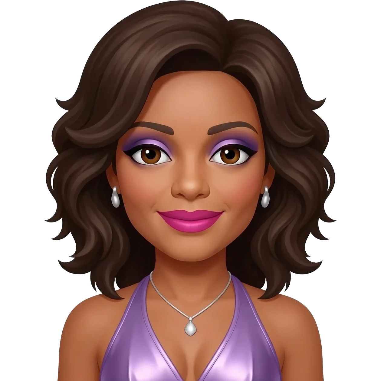 Whitney Houston with dark brown eyes, dark brown hair, lilac eyeshadow, hot pink lipstick, lilac metallic halter dress, silver necklace and earrings emoji