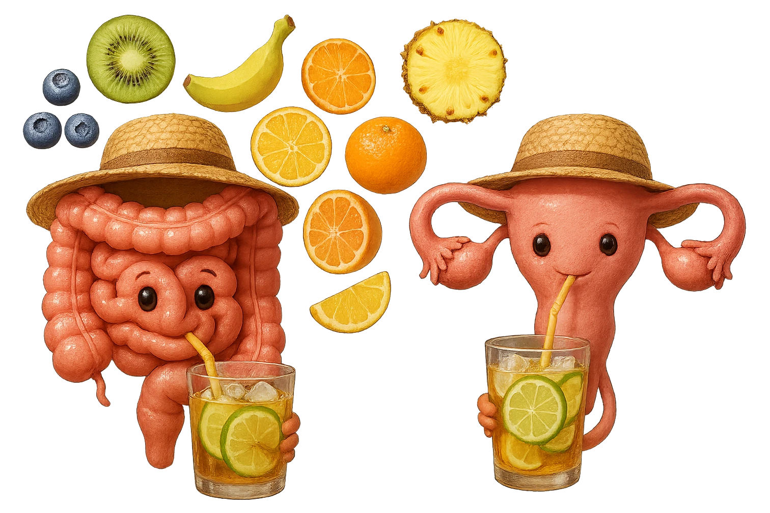 EMOJI STILE IPHONE DI INTESTINO E UTERO UMANI REALISTICI CON CAPPELLO DI PAGLIA DA SPIAGGIA CHE BEVE UN Tè FREDDO IN BICCHIERE DI VETRO CON DENTRO  fette di cetriolo, limone, lime, DIETRO L'INTESTINO FLUTTUANO PEZZETTI DI Kiwi
Banana acerba
Arance e mandarini
Mirtilli
Ananas
Papaya
IPERREALISTICO 4K emoji