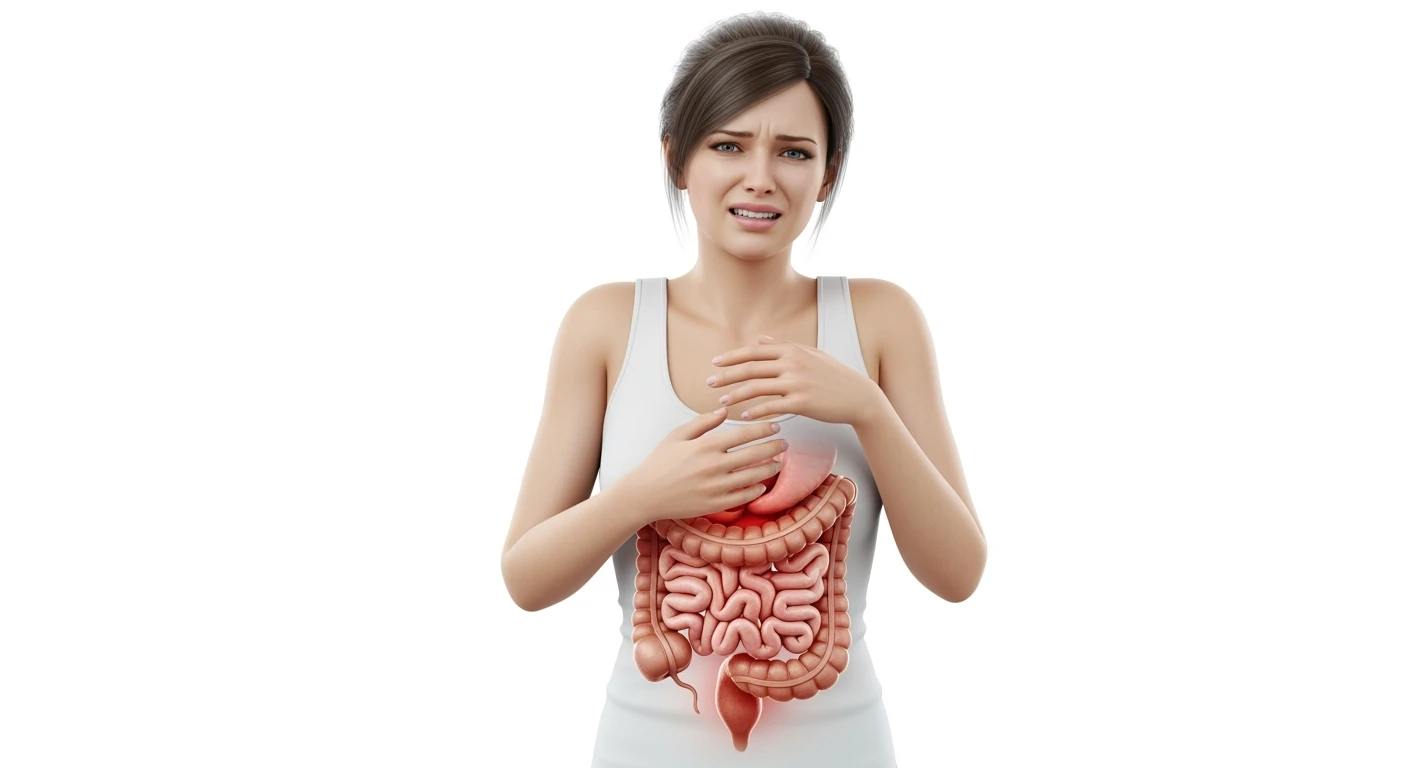 donna a figura intera con intestino umano realistico in 3d in evidenza dolorante, espressione di dolore in volto, sfondo bianco, non farla computerizzata, ma iperrealistica 4k, sfondo bianco emoji
