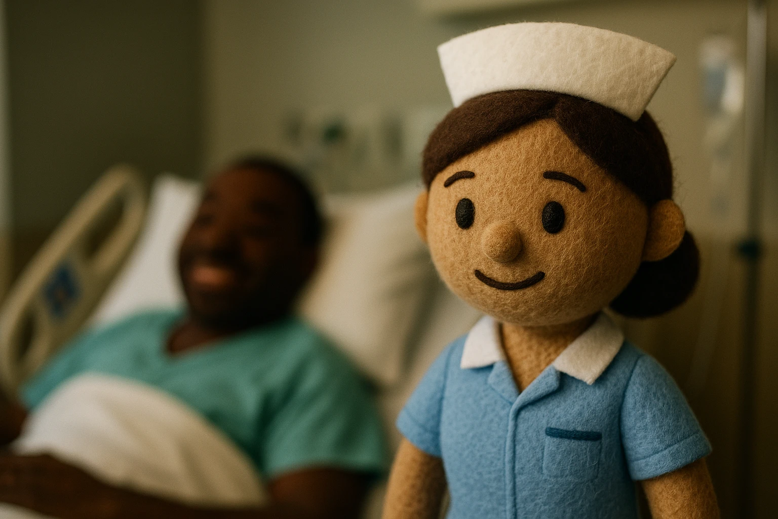 a caring looking nurse in a hospital ward treating a happy black male patient who is lying in a hospital bed following an operation emoji