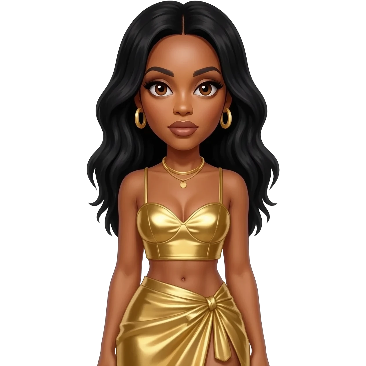 Kelly Rowland with dark brown eyes, black hair, gold metallic sweetheart crop top, gold metallic asymmetrical skirt, gold necklace and short earrings emoji