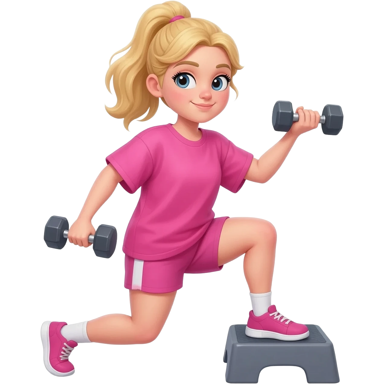 A girl wearing a pink workout set which is big tshirt pink, and pink shorts on a dumbbell  squat  with one feet elevated that is pink the girl is blond emoji