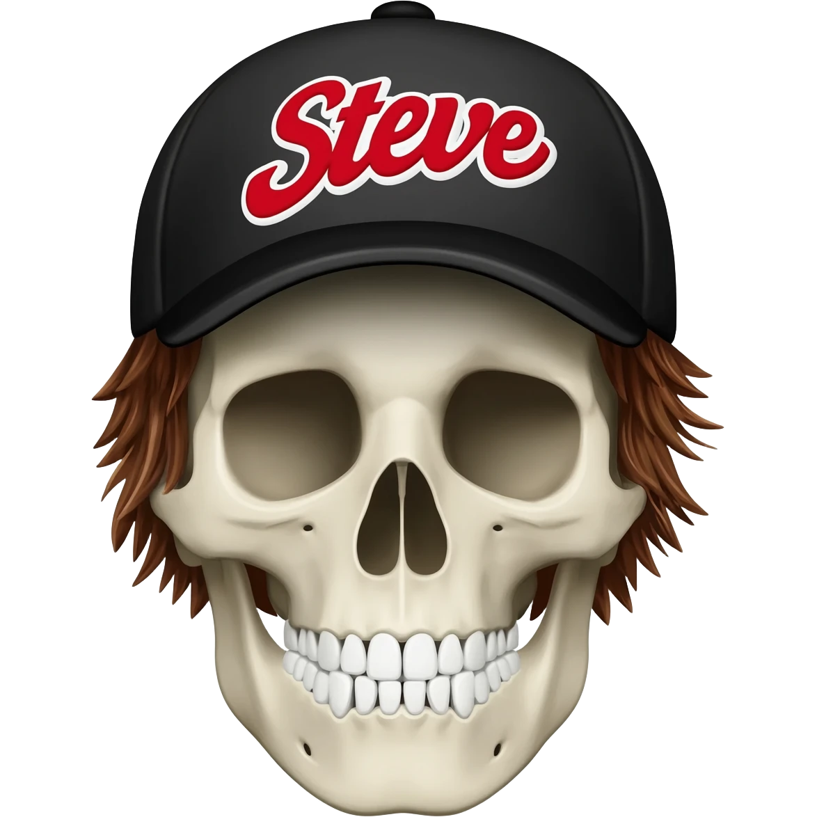 Create a skeleton head wearing a black baseball cap that says " Steve " in red, and white lettering, with brown hair emoji