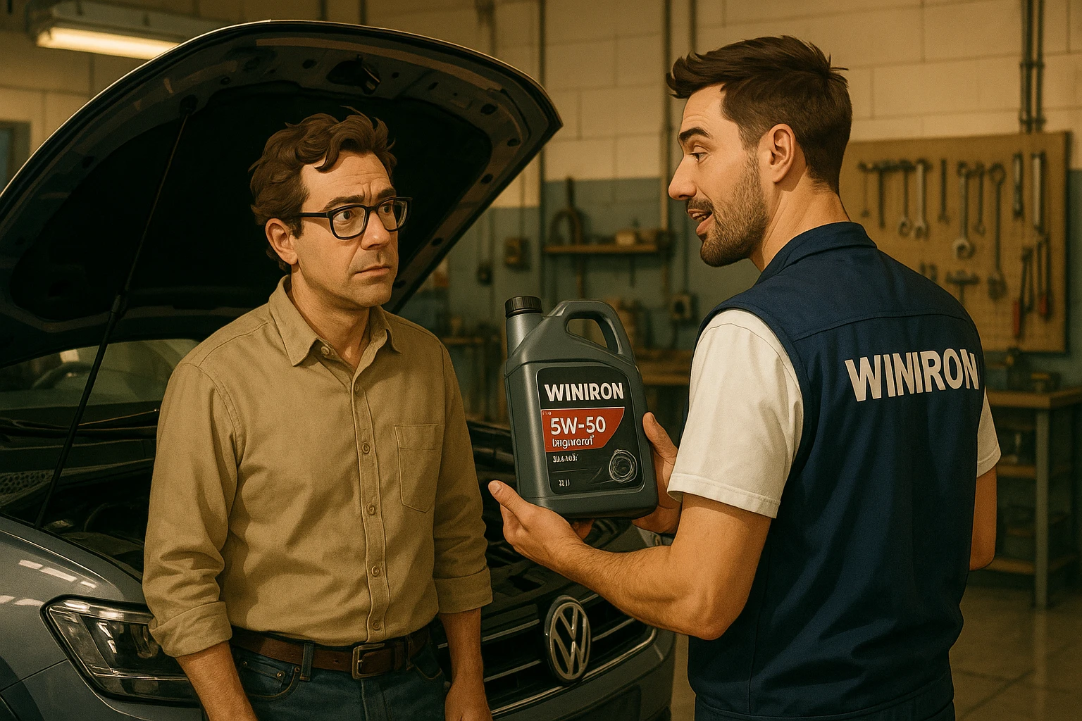 Create a realistic automotive workshop scene. Two men are standing next to a car with its hood open. One man is a customer listening attentively. The other man is a Winiron employee wearing a white T-shirt and a blue vest with a “WINIRON” logo on the back. The Winiron employee is holding and recommending a Winiron engine oil canister. Background shows a workshop interior with tools, soft warm lighting, realistic reflections on the car body. Cinematic, detailed, 8K hyper-realistic, professional commercial photography style. emoji