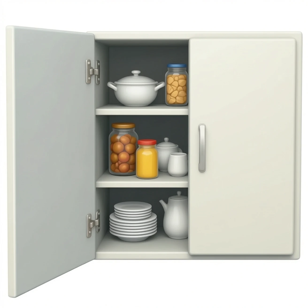 Kitchen cupboard, one door open, one door closed, inside filled with food and crockery emoji