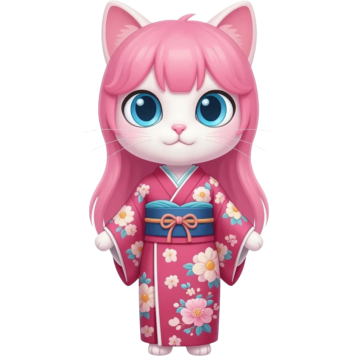 pink hair, blue sky eyes, she's a cat, and wears a traditional japanese clothes. emoji