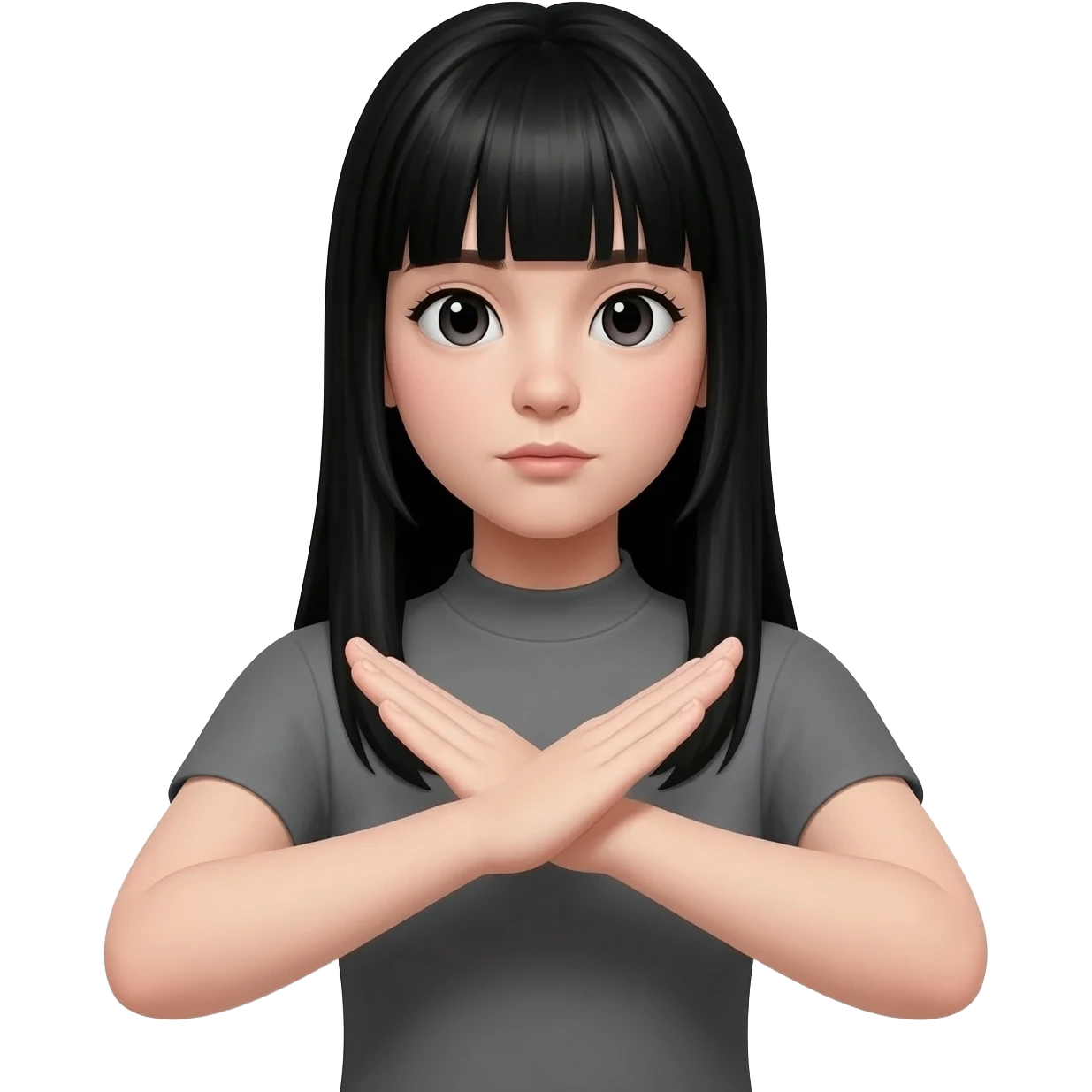 girl with straight black hair and bangs arms saying no emoji