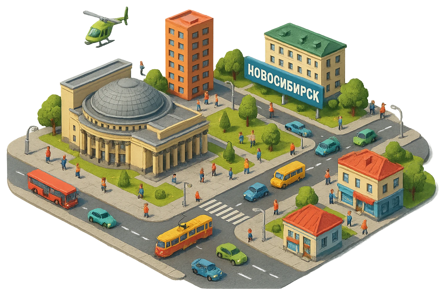 Изометричная миниатюрная фотореалистичная 3D модель Новосибирска, четкая детализация, яркие цвета, мультяшный реализм, люди, автотранспорт, компактная композиция, вид сверху в изометрии, прозрачный фон emoji