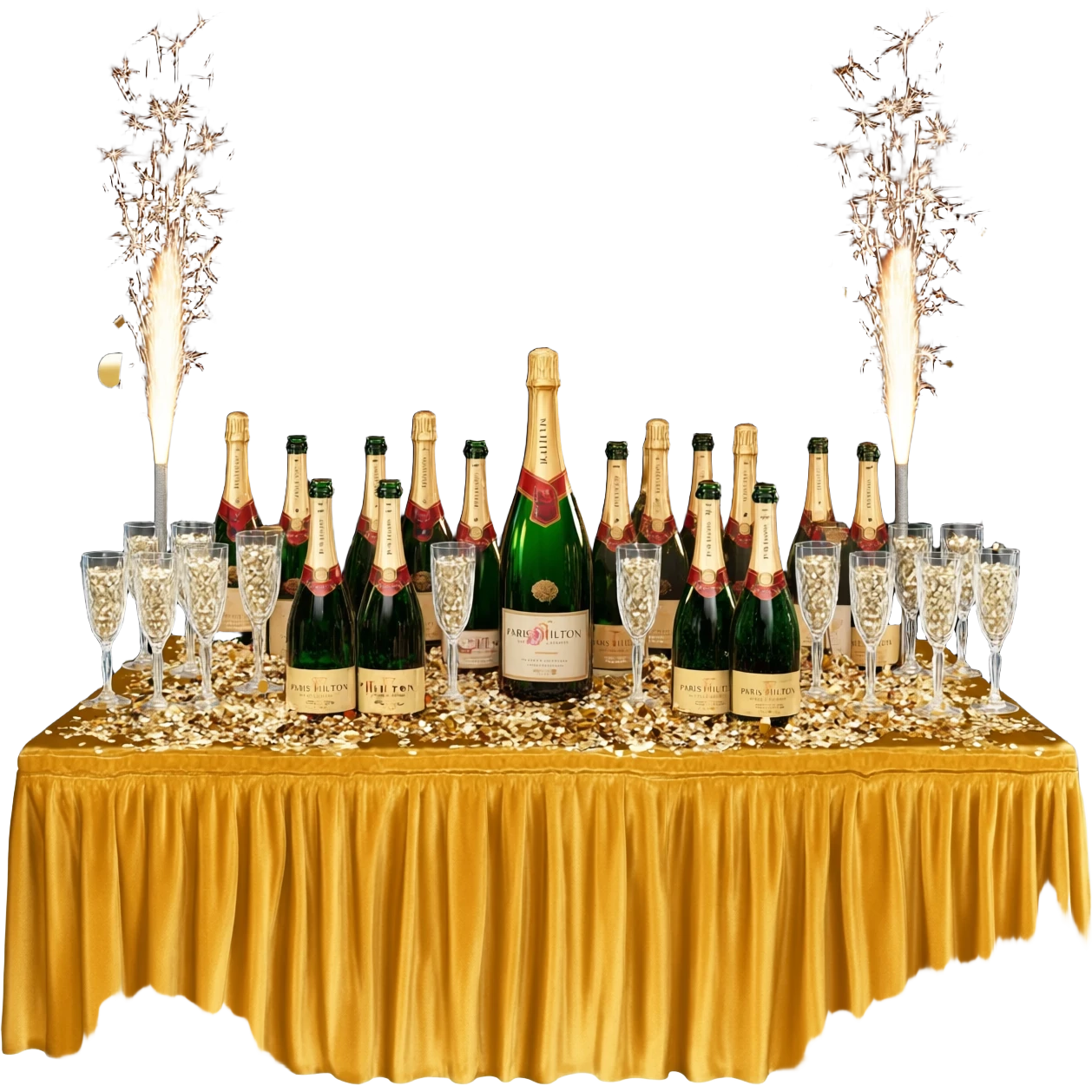 a table with dozens of magnum bottles, sparklers, and Paris Hilton emoji