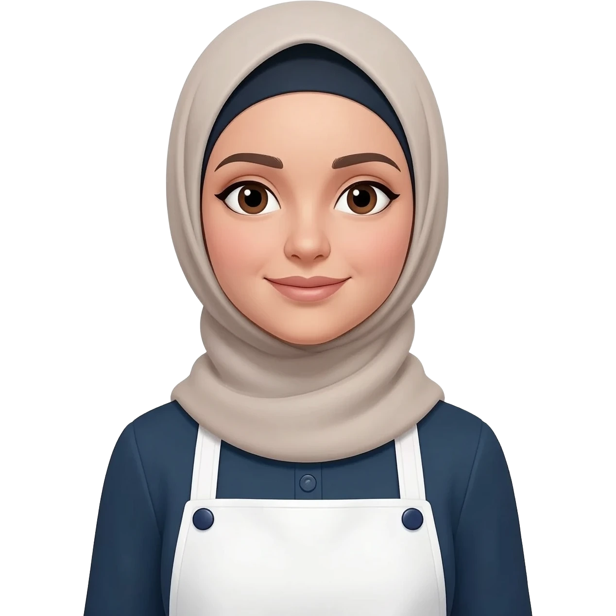 buatkan emoji dengan meggunakan hijab atau kerudung yang menutup kepala dan leher, lalu menggunakan jascook putih dengan kancing biru dongker, wanita berkulit putih emoji