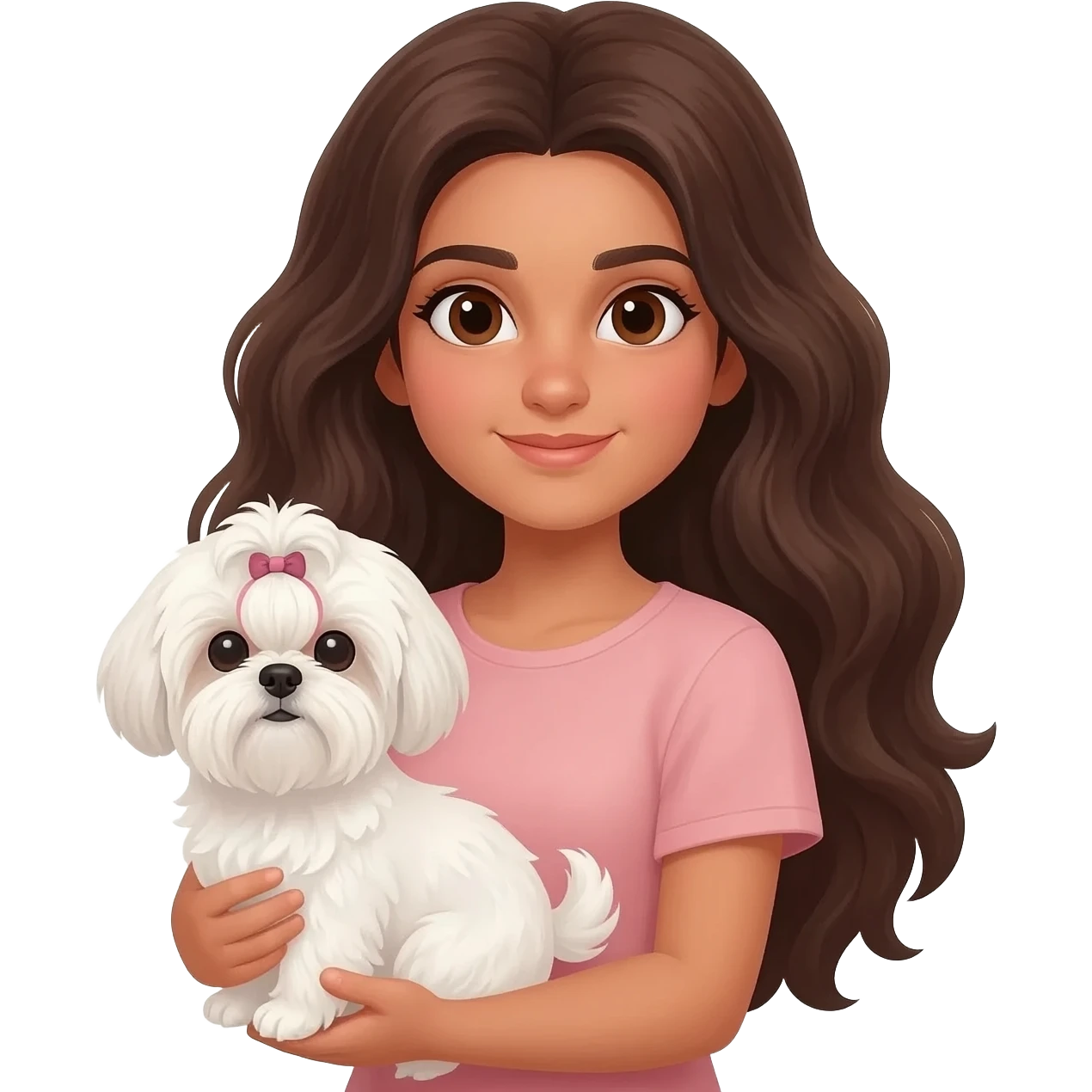 Tanned middle eastern Brunette girl with long thick hair holding white shih tzu emoji