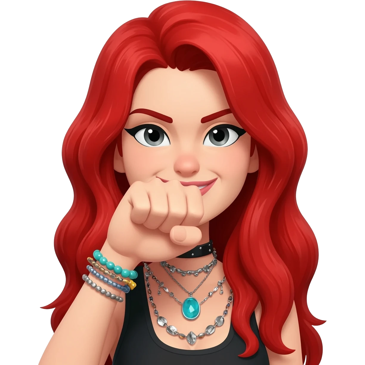 Not showing finger but fist on mouth and blowed mouth....she is red hair and tacky jewellery and cool....the hand is on her mouth and she is smirking and long hair emoji
